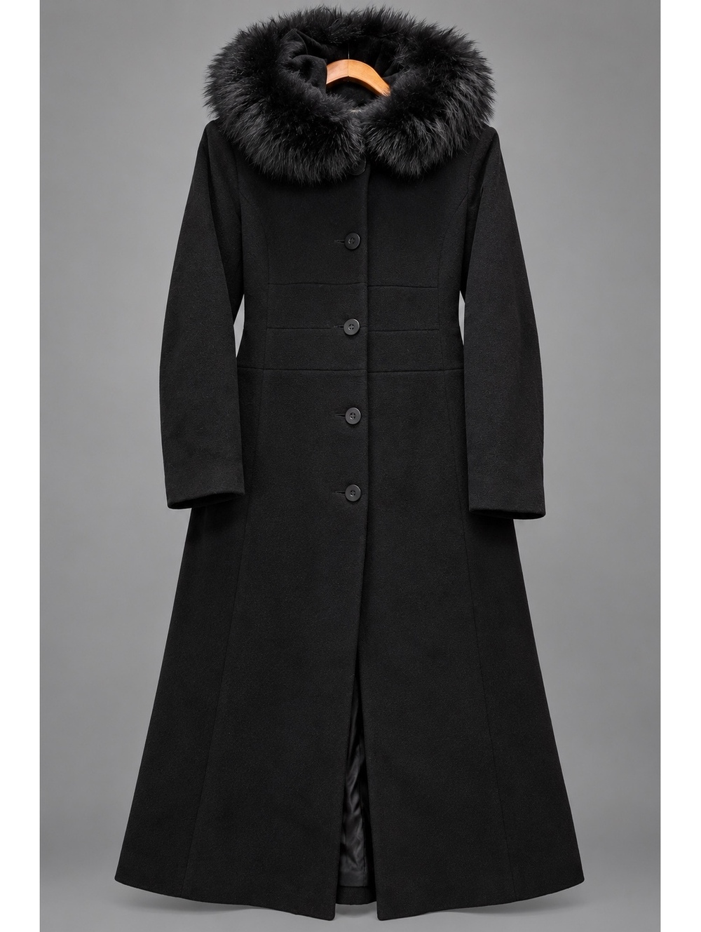 Women's Long Black Wool Pea Coat with Faux Fur Hood